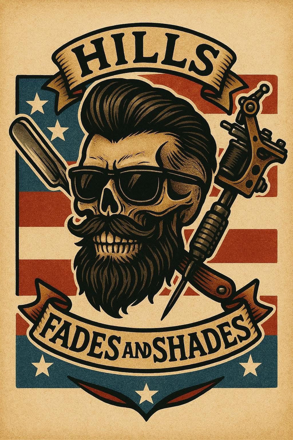Vintage Hills Fades and Shades artwork featuring barber and tattoo tools